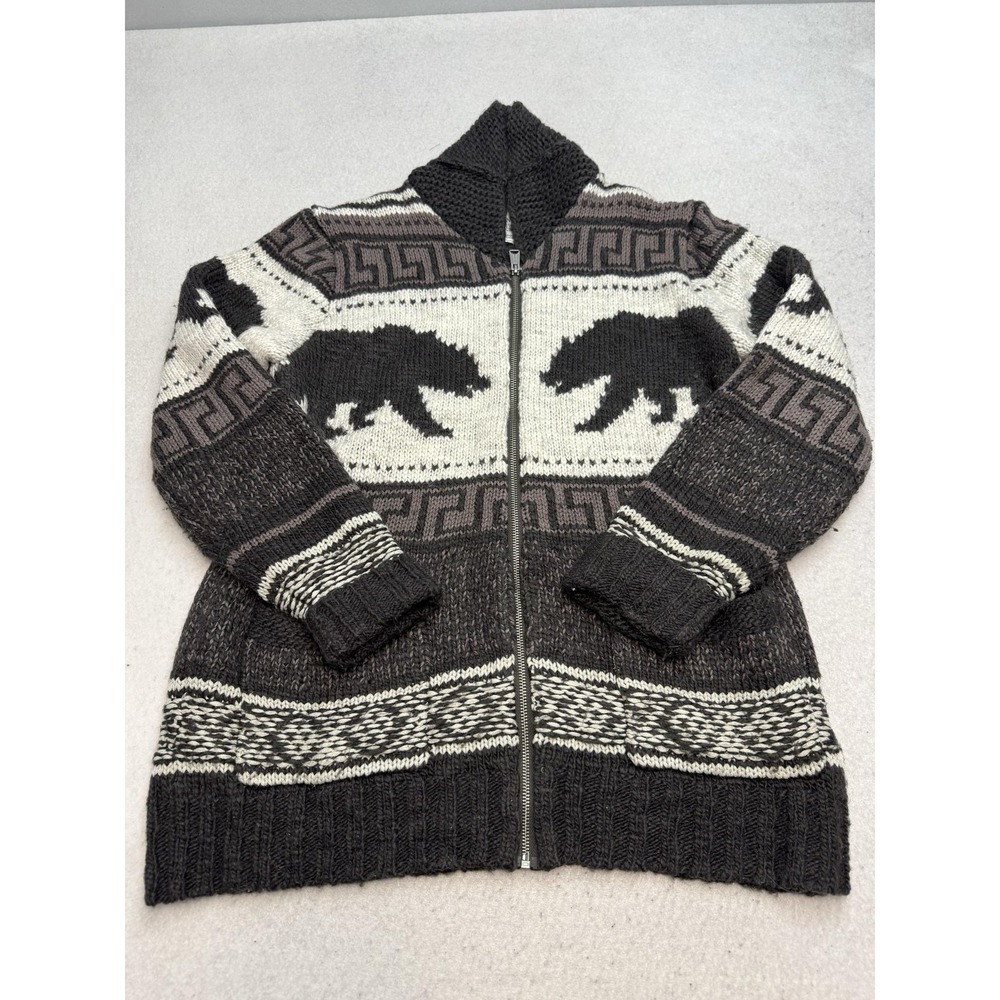 Lucky Brand Sweater Mens Medium Gray Wool Full Zip Bear Cardigan Knit